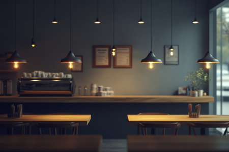A coffee shop features pendant lights casting a soft glow over wooden tables. The inviting ambiance encourages patrons to relax and enjoy their drinks, surrounded by a warm decor.の素材