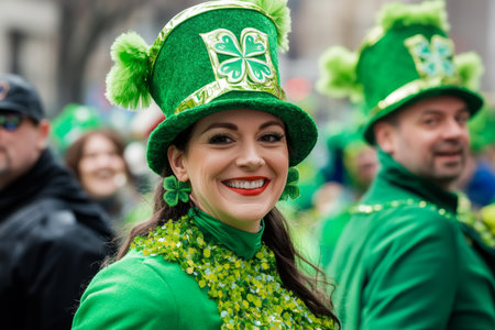 Participants dressed in festive green costumes fill the streets with laughter and energy during the St. Patrick's Day parade. The lively celebration radiates joy and community spirit.の素材