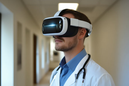 A doctor is immersed in virtual reality training to enhance medical skills, showing innovative education techniques in a sleek healthcare setting.の素材