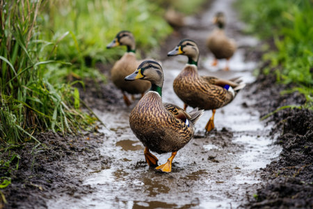 A group of ducks enjoys a playful moment as they waddle through a muddy path on a farm, surrounded by lush greenery on a bright and sunny day.の素材