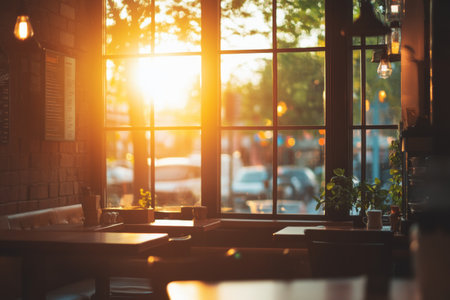Early morning light streams through large windows, illuminating the warm wooden tables and inviting seating. A peaceful vibe invites patrons to savor their morning coffee.の素材
