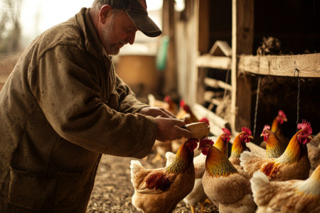 A farmer carefully feeds his chickens inside a rustic wooden coop, embodying the simplicity of rural life. The warm atmosphere highlights the connection between man and animals.の素材