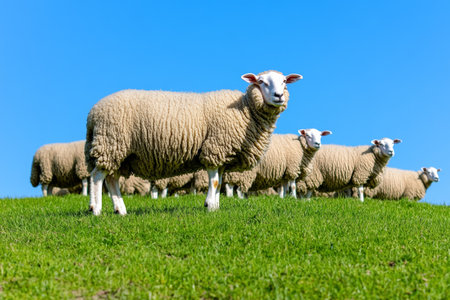 A flock of sheep peacefully grazes on a vibrant green hill, enjoying the sunny day under a clear blue sky. The tranquil countryside exudes natural beauty and calmness.の素材
