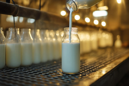 Fresh milk flows smoothly from a bottle into a glass container, surrounded by a rustic dairy farm. The warm ambiance highlights the purity of farm-fresh products.の素材