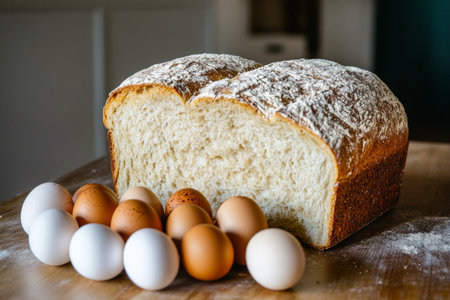 Freshly baked bread sits beside a collection of farm eggs on a rustic wooden table. The warm and inviting farmhouse kitchen atmosphere highlights simple, wholesome ingredients.の素材