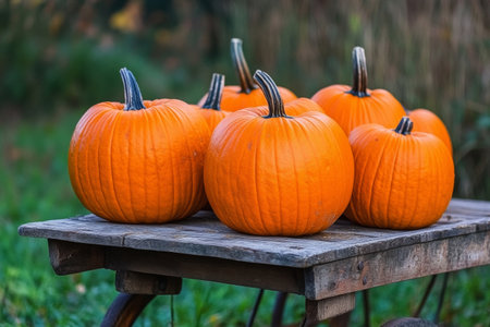 Freshly harvested pumpkins are beautifully arranged on a rustic wooden cart in a farmyard. The bright orange color creates a warm autumn atmosphere with vibrant natural surroundings.の素材