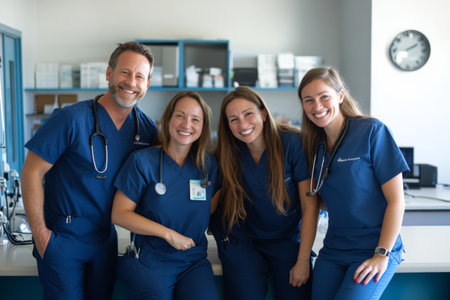 Veterinary staff members proudly pose together in a clean clinic setting, showing their teamwork and dedication to animal care. Their smiles reflect professionalism and warmth.の素材