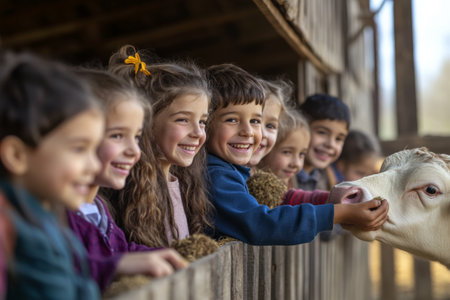 A group of joyful children interacts with friendly animals at a petting zoo on a sunny day, experiencing hands-on learning and creating lasting memories together.の素材