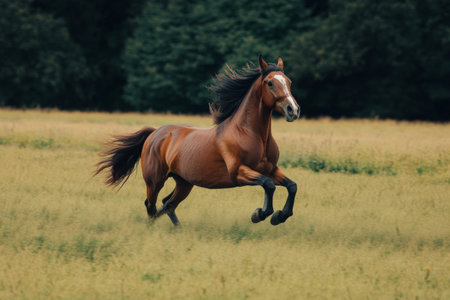 Majestic horses gallop across a sprawling green field, their manes flowing in the wind as they embrace the freedom of their surroundings under the bright blue sky.の素材