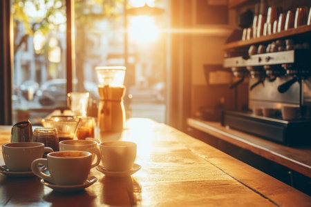 Morning sunlight streams into a cozy cafe, casting a warm glow on a counter filled with various coffee cups. The setting evokes a serene start to the day, inviting patrons to enjoy their beverages.の素材