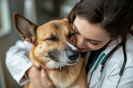 After a successful veterinary appointment, a pet owner embraces their dog tightly, showcasing a powerful connection filled with joy and relief, highlighting their unconditional bond.の素材