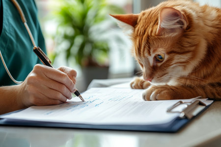 A pet owner is signing medical papers at a veterinary clinic reception desk. The organized setting features a curious orange cat observing the process closely from the desk.の素材