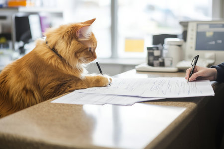 A pet owner signs important medical documents at a veterinary clinic's reception desk while ensuring everything is well organized. The atmosphere is professional and calm, perfect for pet care.の素材
