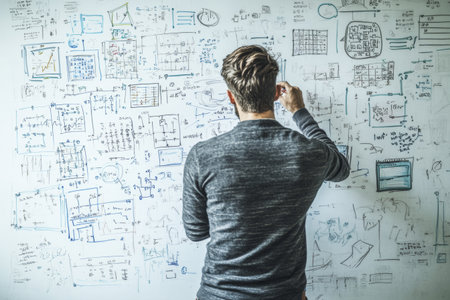 Individual is brainstorming ideas on a whiteboard covered with flowcharts and algorithms, showing the creative process in a modern workspace during daylight.の素材