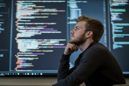 Focused programmer analyzes intricate code snippets displayed on a large screen, deep in thought and concentration, in a contemporary office setting.の素材