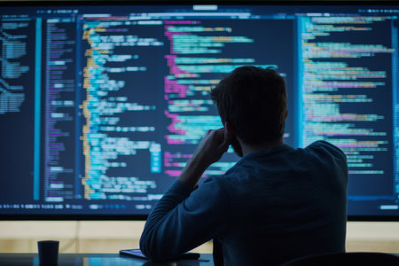 Focused programmer sits in front of a large screen filled with colorful code snippets, reviewing and analyzing details while deep in thought in a contemporary workspace.の素材