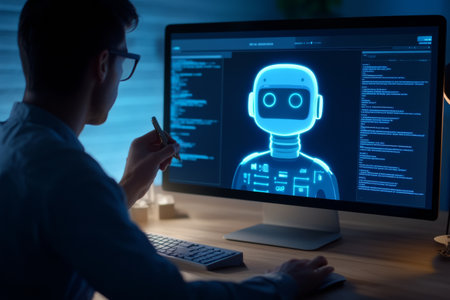 In a dimly lit room, a programmer interacts with a digital chatbot display, evaluating its features and functionality while coding late at night. Bright screen illumination highlights the workspace.の素材