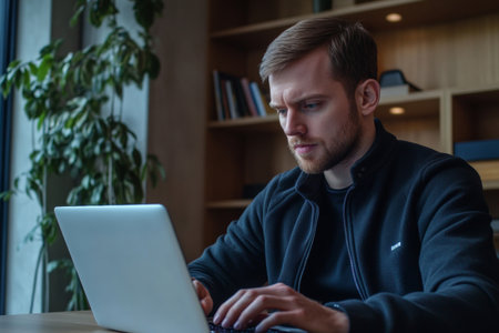 A programmer is intently typing code on a laptop in a contemporary office setting, surrounded by greenery and shelves, showing concentration and dedication to software development.の素材