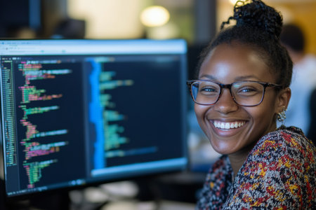 In a vibrant tech workspace, a focused programmer with glasses joyfully works on a code-heavy project, showing enthusiasm and dedication. High-resolution captures a moment of concentration.の素材