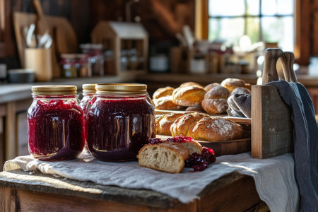 In a welcoming rustic farm kitchen, jars of rich homemade jam and golden-brown bread adorn a wooden table, creating a warm and inviting atmosphere perfect for sharing.の素材