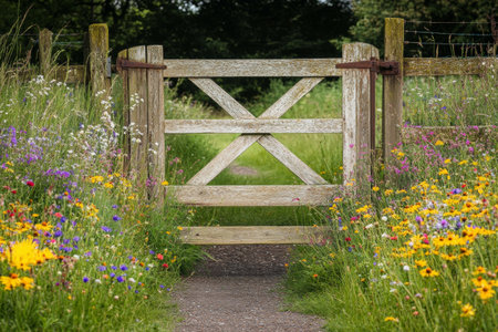 A rustic wooden gate welcomes visitors, framed by a colorful array of wildflowers. The flourishing landscape invites others to explore the scenic countryside path ahead.の素材