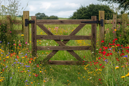 A sturdy wooden gate stands open amidst a colorful field of wildflowers, marking an inviting entry to a picturesque rural landscape under a gentle sky.の素材