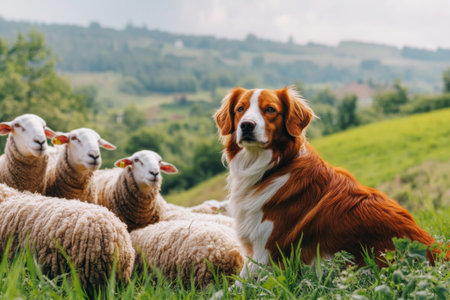 In a tranquil green meadow, a loyal sheepdog stands watching over a flock of sheep, displaying loyalty and attentiveness. The surroundings indicate a peaceful rural landscape.の素材