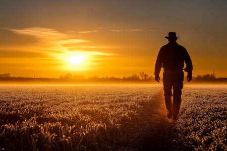 A farmer walks confidently across a dew-covered field during sunrise. The silhouette stands out against a vibrant sky, creating an inspiring moment of tranquility and hard work.の素材