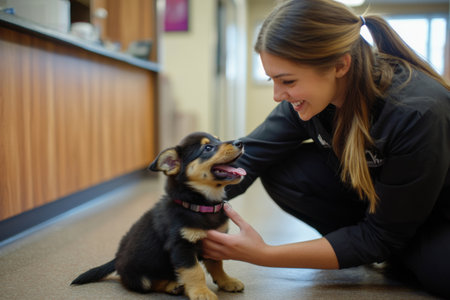 In a cheerful clinic waiting area, a veterinary assistant enjoys a delightful moment playing with an adorable puppy. Their joyful interaction showcases love for animals and dedication to care.の素材