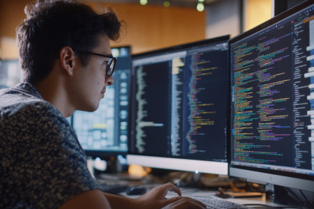 A software engineer focuses on coding cloud-based applications in a modern, technology-driven workspace with multiple screens displaying complex code and server configurations.の素材