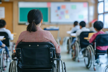 A teacher actively engages students with disabilities in a supportive classroom environment. The setting features students in wheelchairs, focusing on their lessons together.の素材