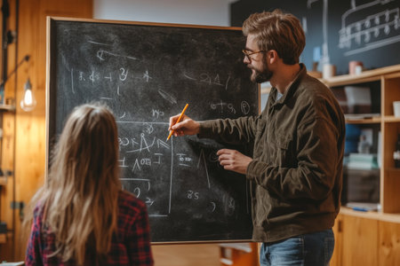 In a well-lit classroom, a teacher assists a student in solving a math problem on a chalkboard. The focused interaction fosters a supportive learning environment.の素材
