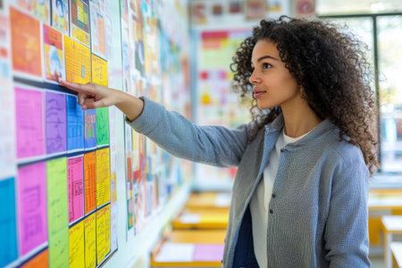 In a bright classroom filled with colorful posters, a teacher points to a vibrant educational display while encouraging student interaction and learning during a lesson.の素材