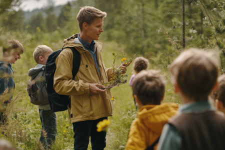 In a lush outdoor environment, a teacher engages children during a nature walk, showing local plants and animals while encouraging curiosity and learning.の素材