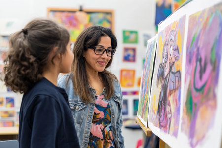 In a lively classroom, a teacher expresses admiration for a student's artwork. The colors and creativity reflect a supportive learning environment, fostering artistic expression and confidence.の素材