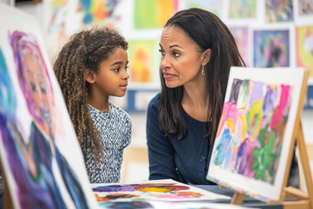In a dynamic creative classroom, a teacher encourages a young student by admiring her artwork. The atmosphere is lively, filled with colorful expressions and artistic creations.の素材