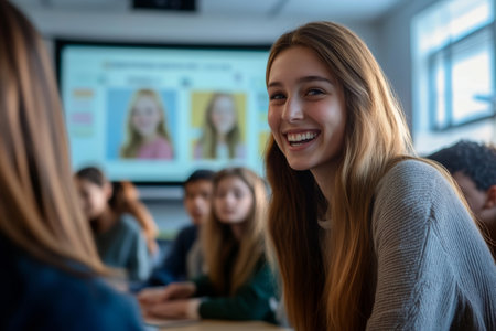 Students participate in a classroom poll with enthusiasm as the teacher encourages them. The atmosphere is positive and focused, fostering active learning and collaboration.の素材