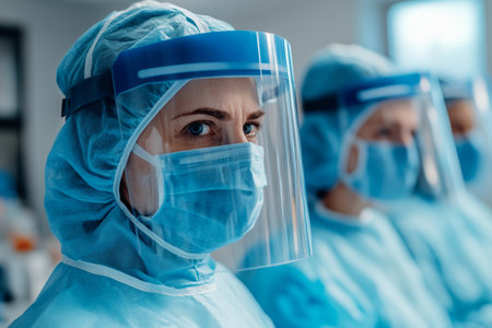 A team of healthcare workers in protective suits and face shields prepares for a critical medical response during a pandemic in a hospital setting. Their focus reflects the urgency of the situation.の素材