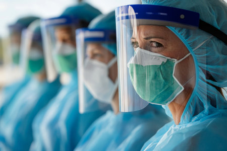 A dedicated team of doctors, clad in protective suits and face shields, stands ready during a pandemic response. Their focused expressions reflect the seriousness of their work.の素材