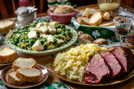 A vibrant St. Patrick's Day table displays a traditional Irish meal featuring succulent corned beef and cabbage alongside sides like potatoes and fresh bread.の素材