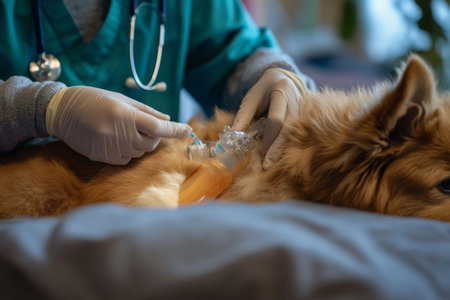A veterinarian is carefully administering IV fluids to a sick dog, demonstrating a calm and focused approach to ensure the animal's well-being during treatment.の素材