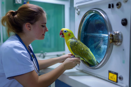 Veterinarian gently places a colorful bird inside an oxygen chamber, ensuring it receives necessary care. The setting is a specialized facility for exotic animal health.の素材