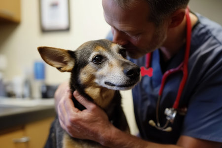 A veterinarian gently comforts a nervous dog during an examination in a cozy clinic. The atmosphere is warm and reassuring, creating a bond of trust between them.の素材