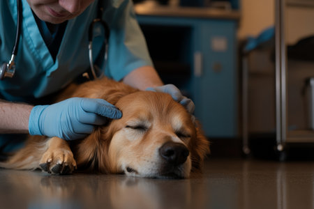 A compassionate veterinarian gently comforts a nervous dog during an examination in a veterinary clinic, creating a calming atmosphere for the pet's well-being.の素材