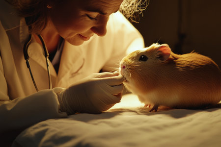 Soft lighting creates a tranquil atmosphere as a veterinarian examines a calm guinea pig. The focused interaction emphasizes care and attention to the pet's needs.の素材