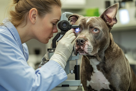 A veterinarian carefully examines the eyes of a senior dog with an ophthalmoscope, ensuring attentive and professional care in a veterinary clinic. The atmosphere is calm and supportive.の素材