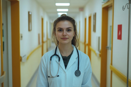 A young female doctor stands with a confident expression in a hospital corridor. She wears a white coat and a stethoscope, ready to assist patients in a modern medical environment.の素材