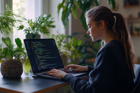 A young female programmer focuses intently on her laptop at a modern workspace. Surrounded by decorative plants, she embodies a contemporary coding lifestyle. The atmosphere is calm and inspiring.の素材