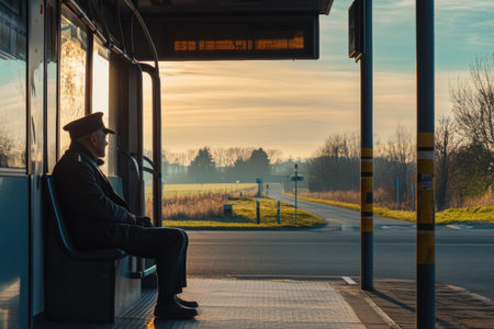 A bus driver enjoys a moment of tranquility during a break at a countryside bus station. Soft morning light bathes the area as he sits quietly, reflecting on the peaceful surroundings.の素材