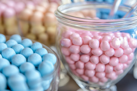 Close-up view of a glass jar filled with pink candies, surrounded by pastel blue and pink treats on a dessert table, perfect for a gender reveal celebration, creating a festive atmosphere.の素材